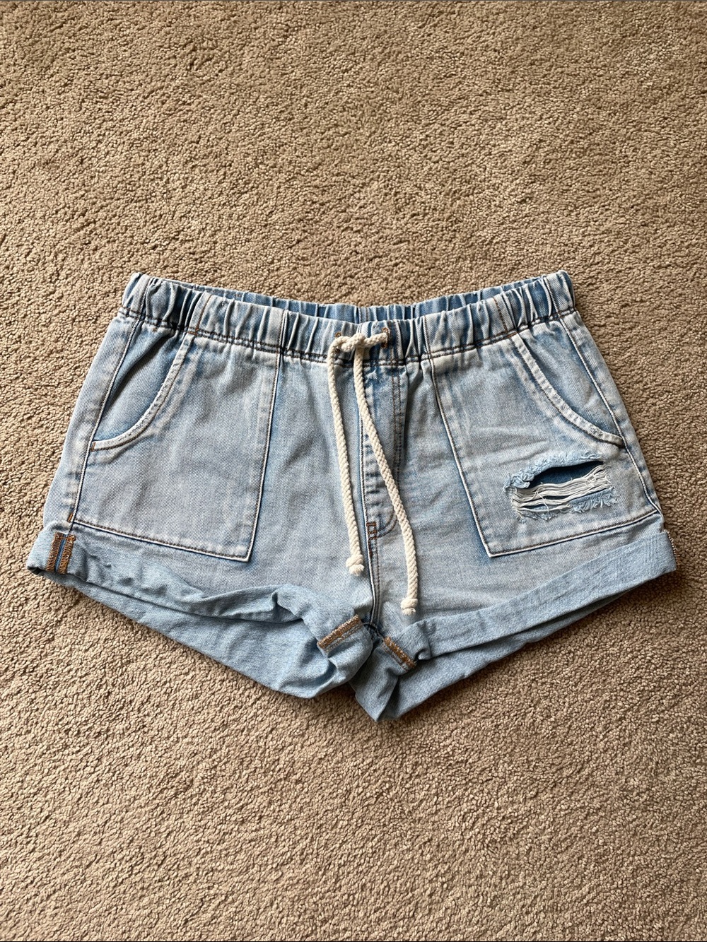 One Teaspoon Light Blue Denim Drawstring Women's Jean Shorts XL Boyfriend Beachy